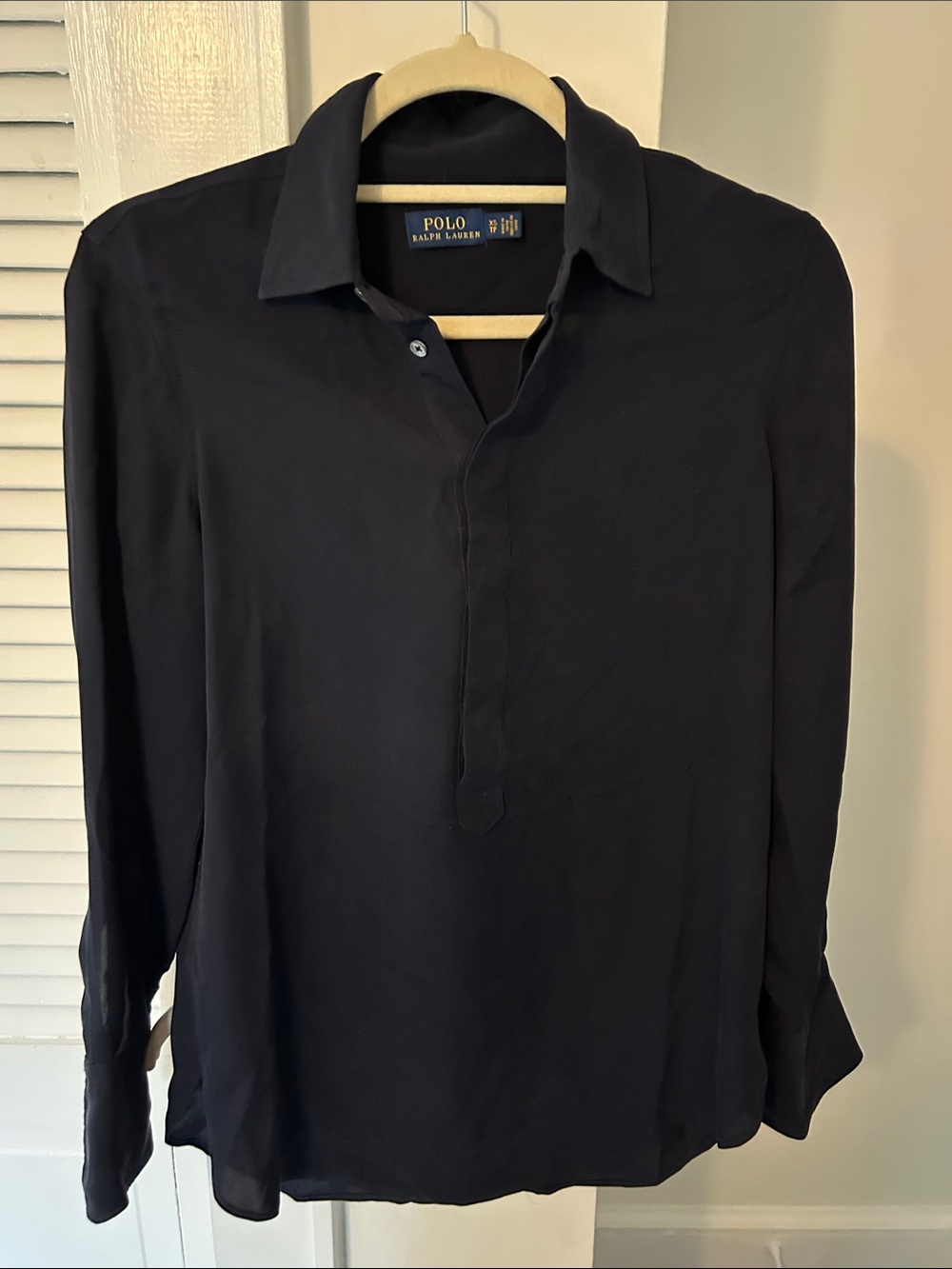 Polo by Ralph Lauren Women’s silk Dark Navy Button-Front Long Sleeve Shirt